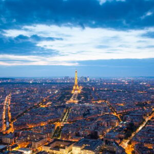 skyline of Paris with Eiffel Tower at sunset in Paris, France